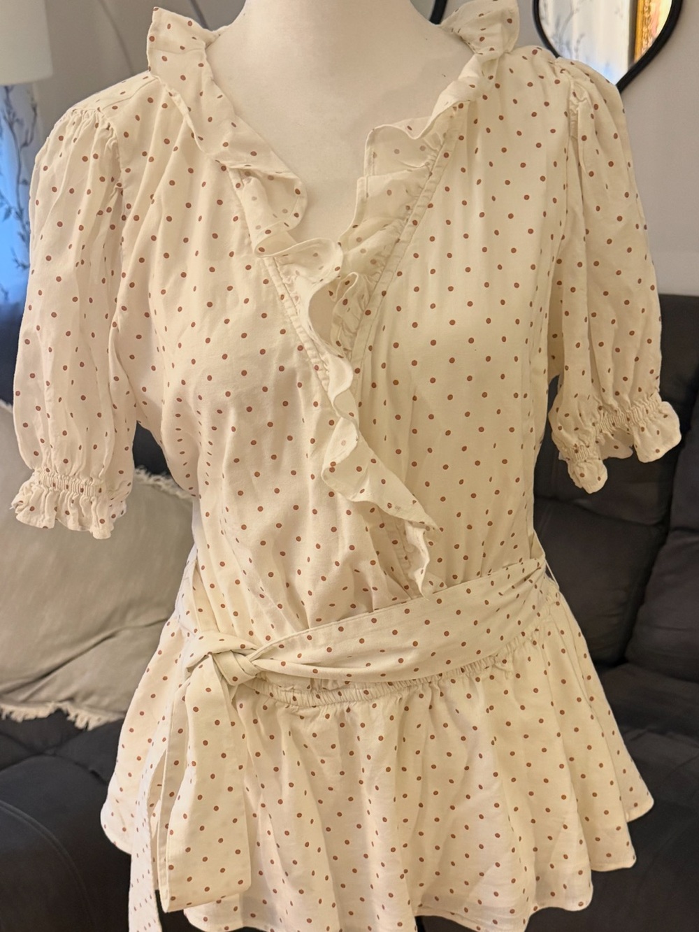 LC Lauren Conrad Ivory Blouse with Rust Polka Dots